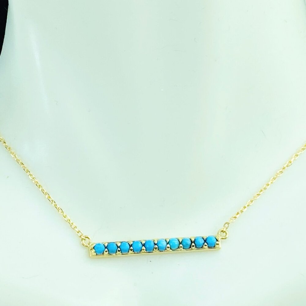 JR8583 14KYG Sleeping Beauty Turquoise cabochon Bar Pendant Necklace 2.6g 18"